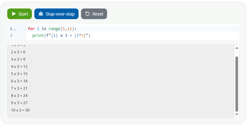 Screenshot van de Python-editor met output